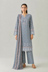 Ice Blue Embroidered Lawn 3PC Stitched Suit