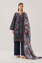 Embroidered Lawn 3PC Stitched Suit – Navy Blue