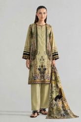 Olive Green Printed Lawn 3PC Stitched Suit