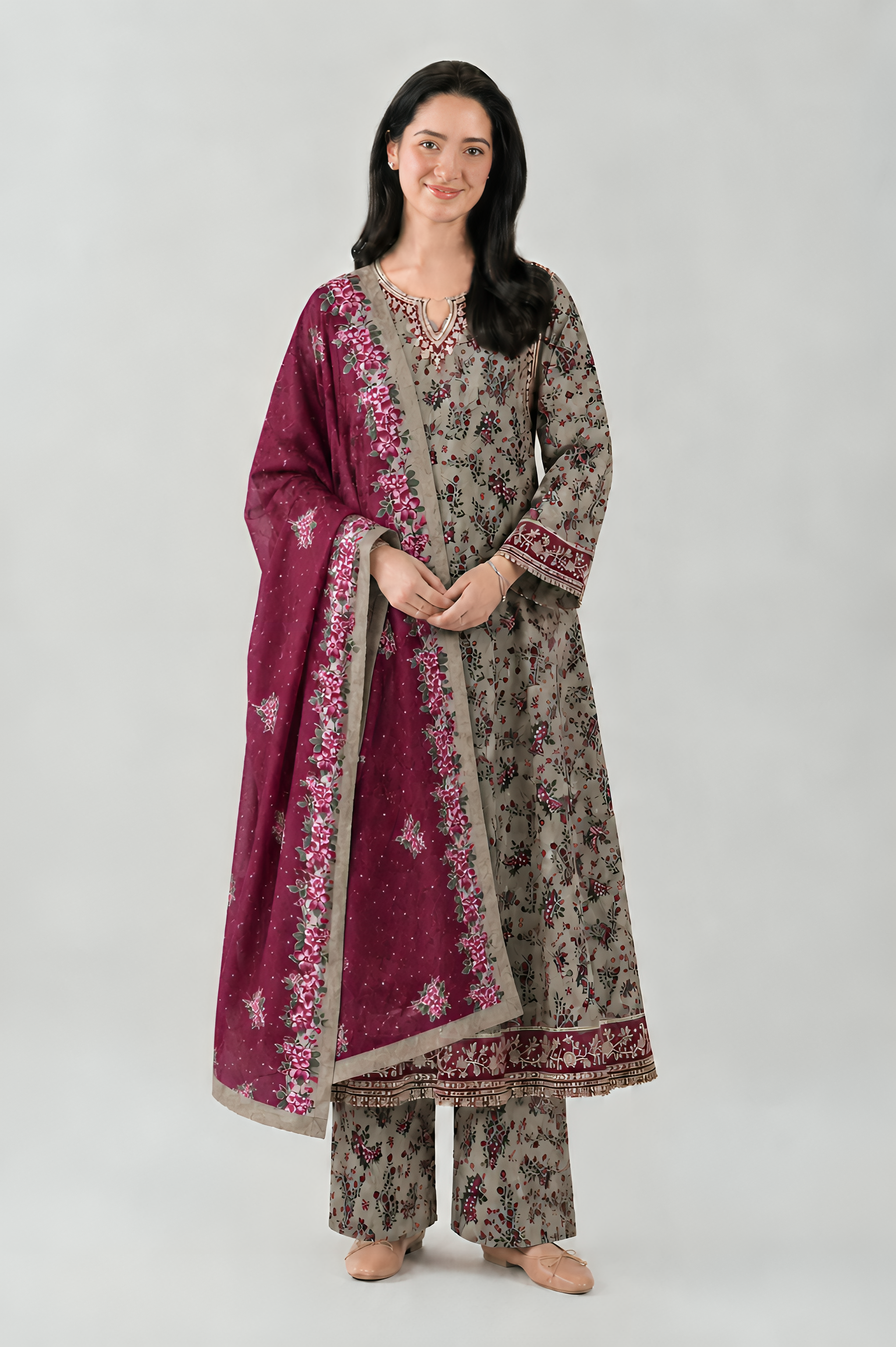 Grey & Maroon Printed Lawn 3PC Stitched Long Frock Suit