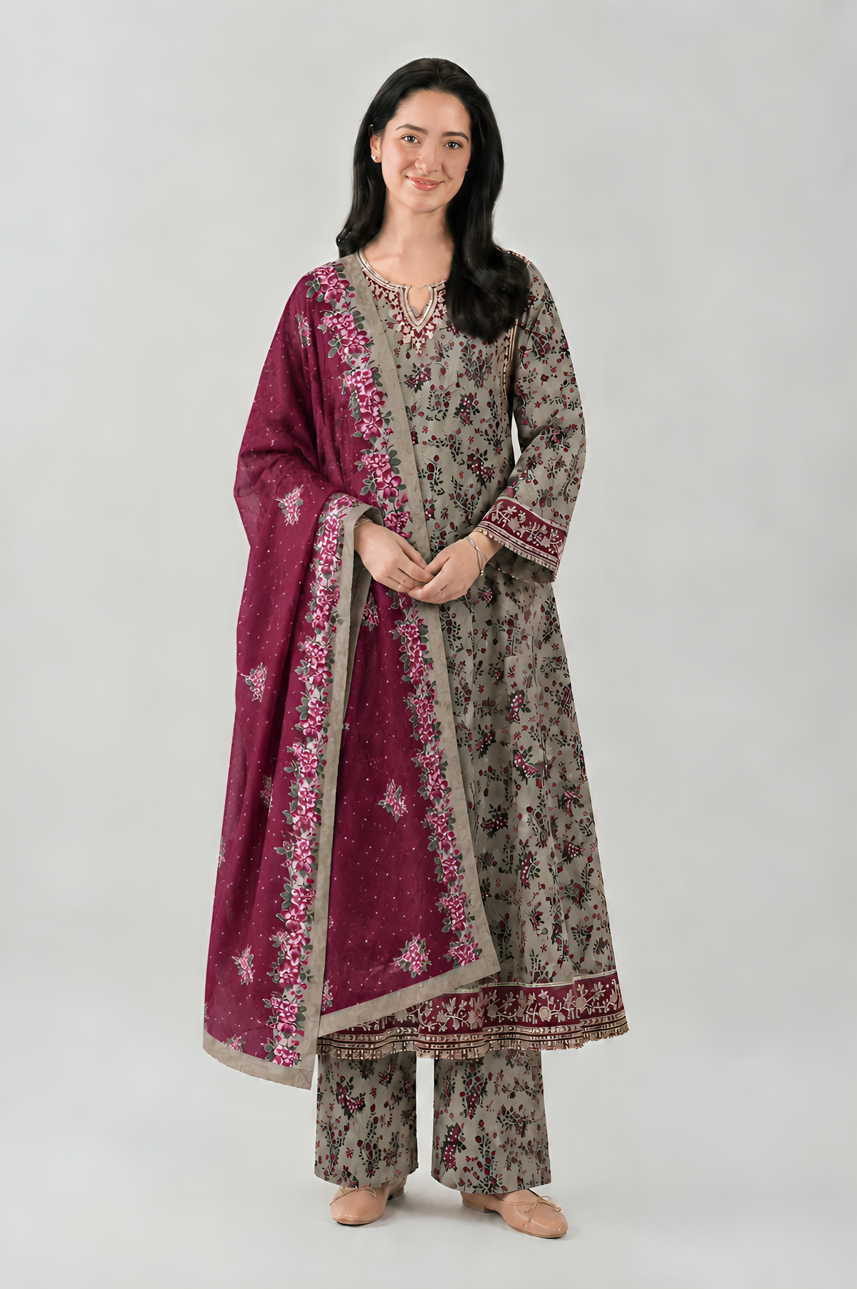 Grey & Maroon Printed Lawn 3PC Stitched Long Frock Suit
