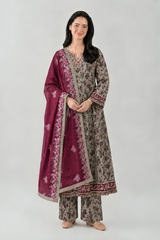 Grey & Maroon Printed Lawn 3PC Stitched Long Frock Suit