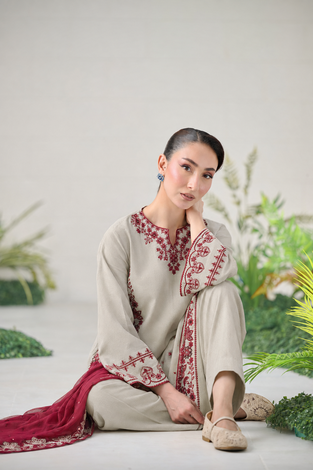 PINK & CREAM  3PCS EMBROIDERED