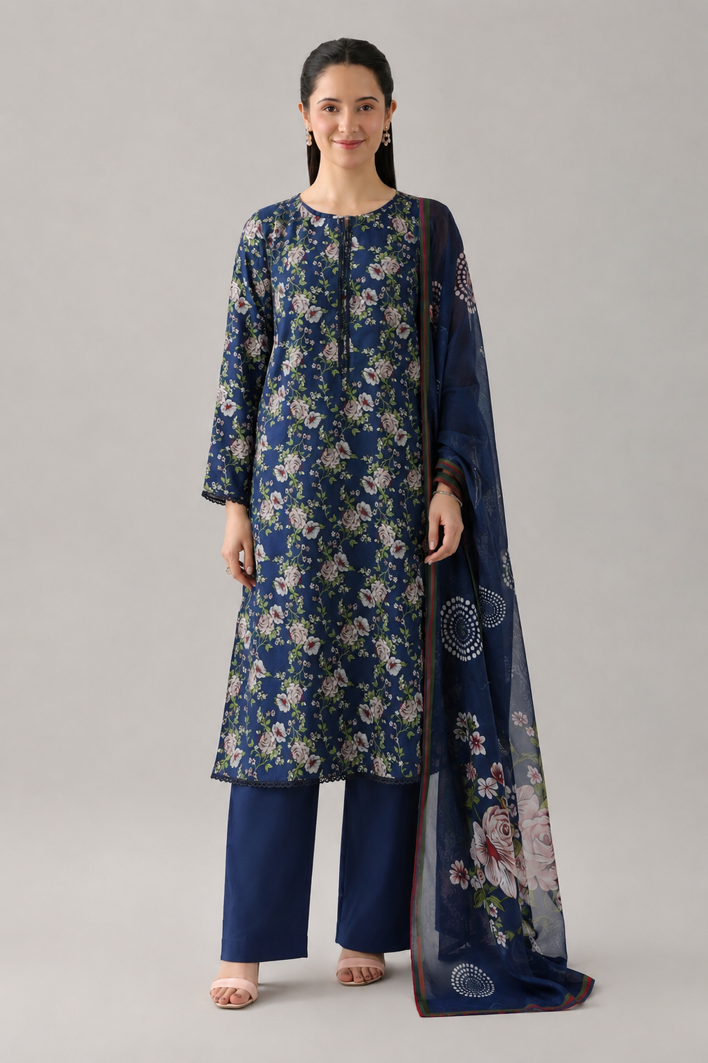 Navy Blue Printed Lawn 3PC Stitched Suit