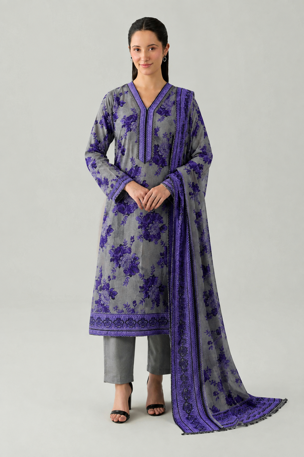 Grey & Purple Printed Lawn 3PC Stitched Suit