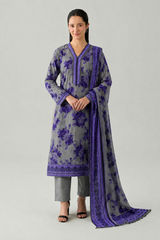 Grey & Purple Printed Lawn 3PC Stitched Suit