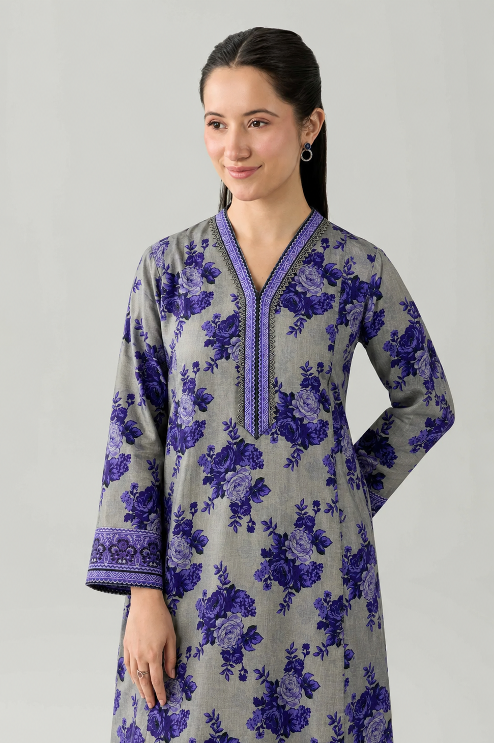 Grey & Purple Printed Lawn 3PC Stitched Suit