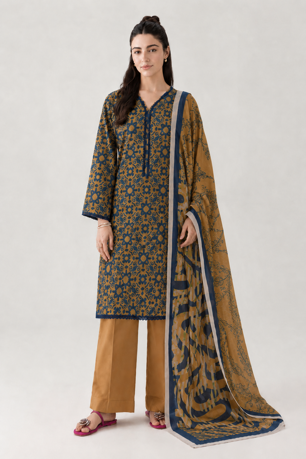 Mustard Printed Lawn 3PC Stitched Suit