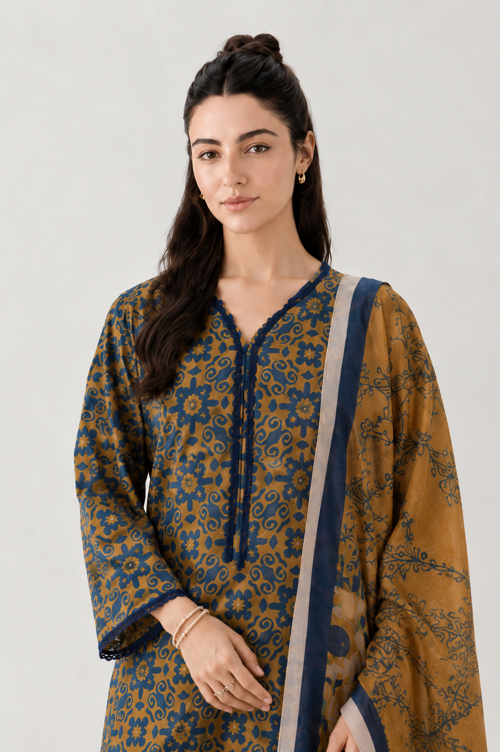 Mustard Printed Lawn 3PC Stitched Suit
