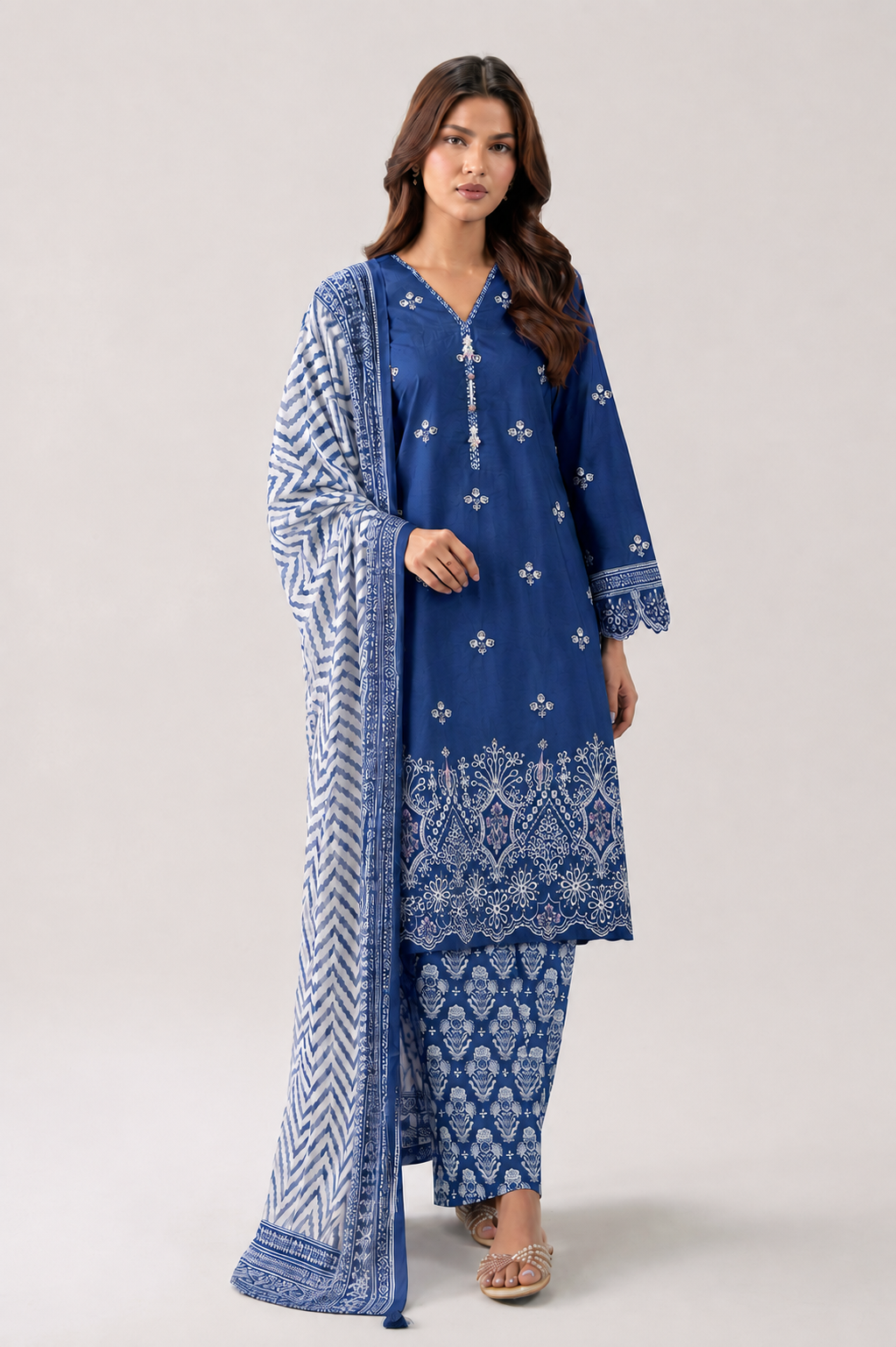 Royal Blue Embroidered Lawn 3PC Stitched Suit