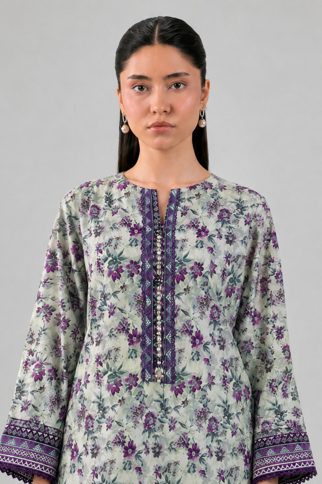 White & Purple Printed Lawn 3PC Stitched Suit