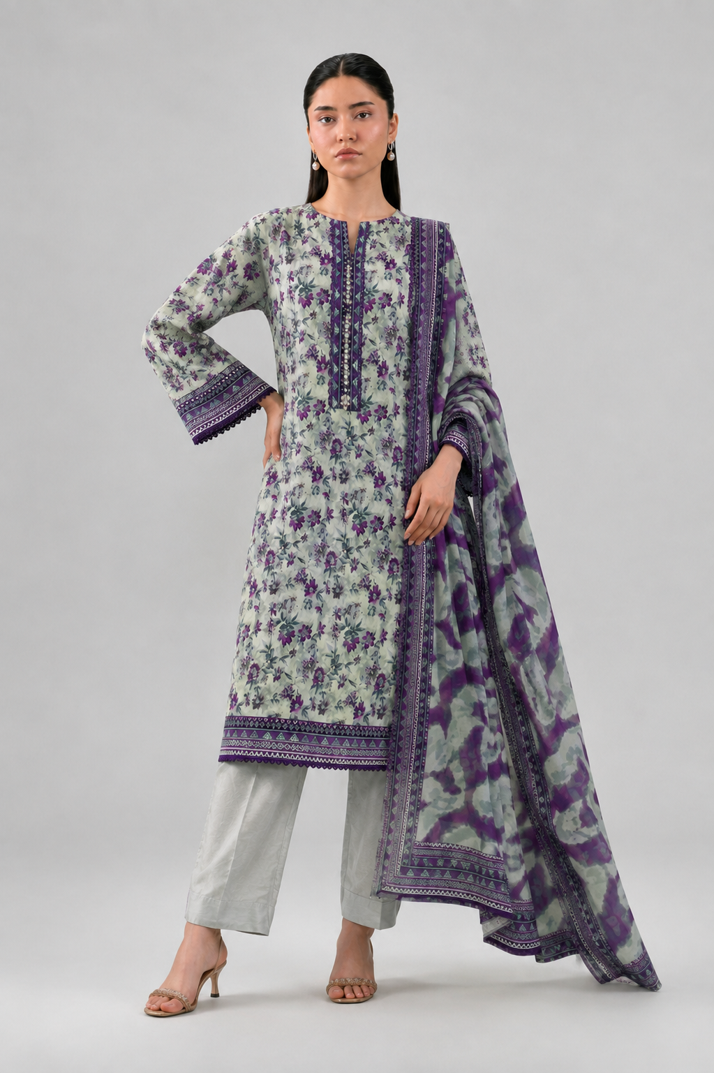 White & Purple Printed Lawn 3PC Stitched Suit