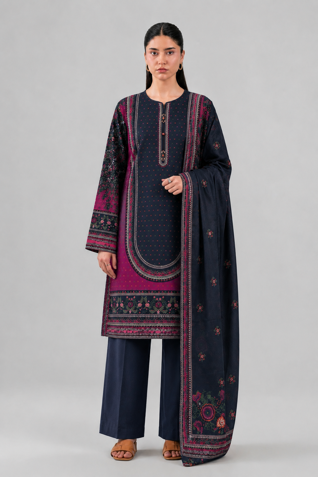 Printed Lawn 3PC Stitched Suit – Navy Blue