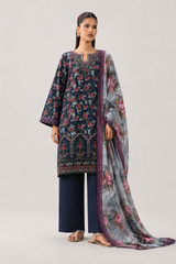 Embroidered Lawn 3PC Stitched Suit – Navy Blue