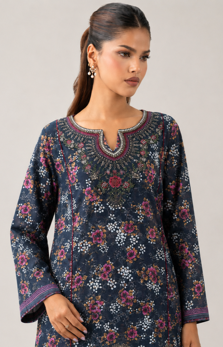 Embroidered Lawn 3PC Stitched Suit – Navy Blue