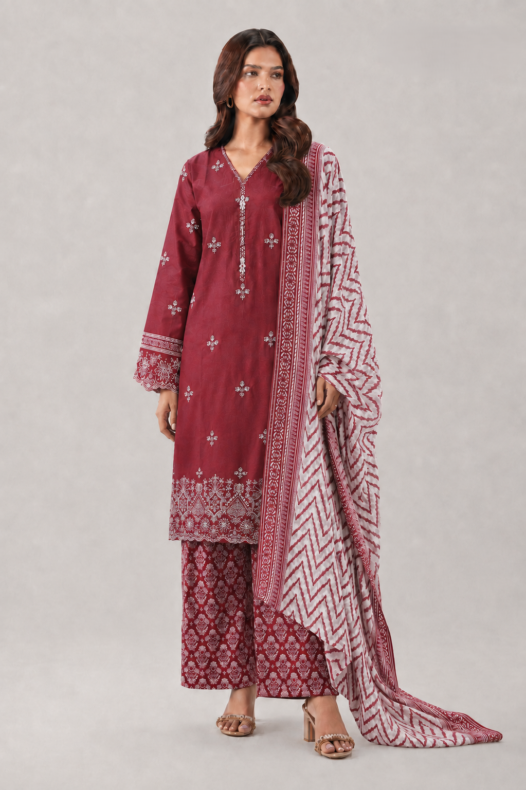Embroidered Lawn 3PC Stitched Suit – Maroon