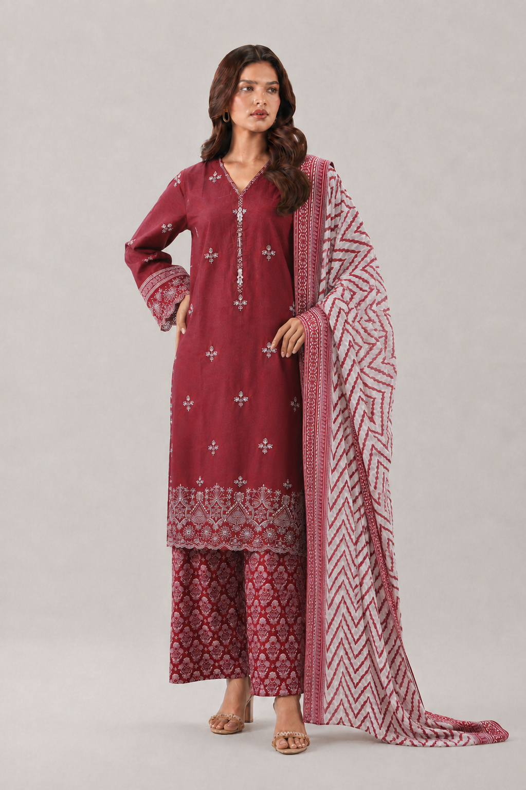 Embroidered Lawn 3PC Stitched Suit – Maroon