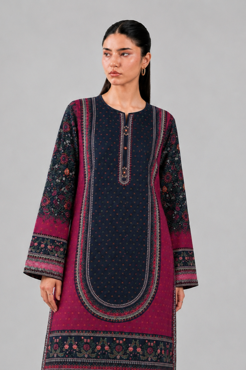 Printed Lawn 3PC Stitched Suit – Navy Blue