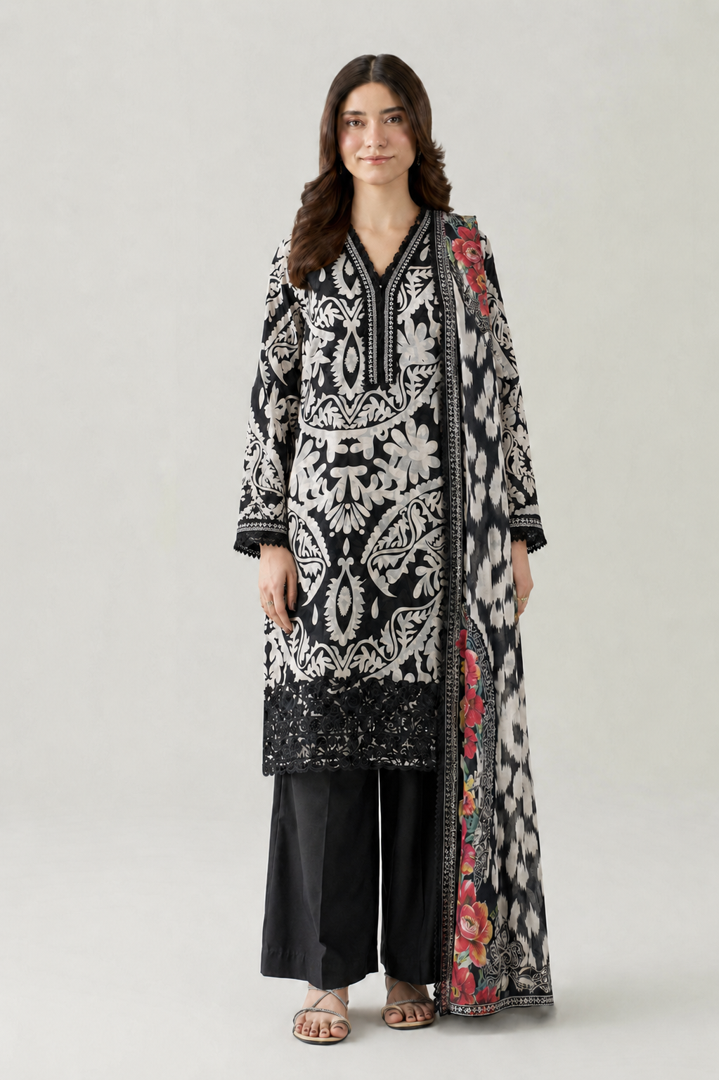 Embroidered Lawn 3PC Stitched Suit – Black