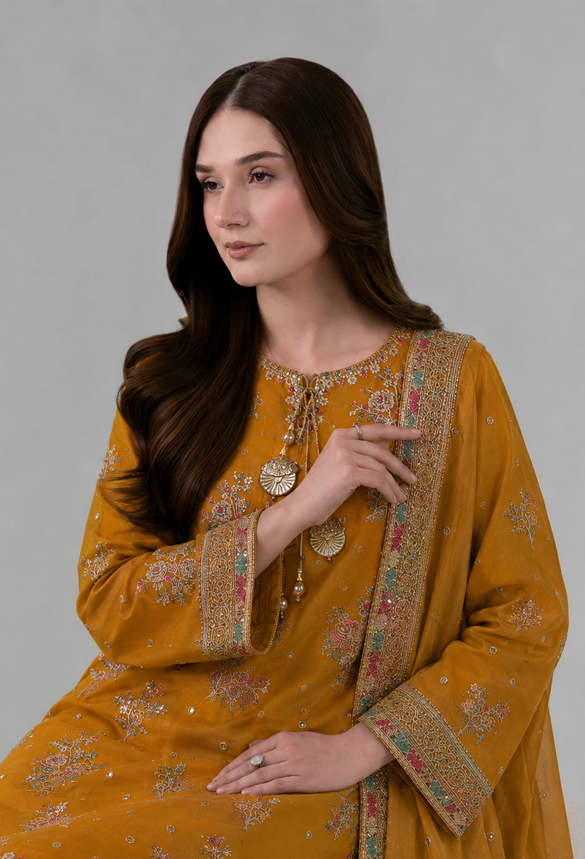 Mustard Yellow Embroidered 3PC Stitched Suit Formal