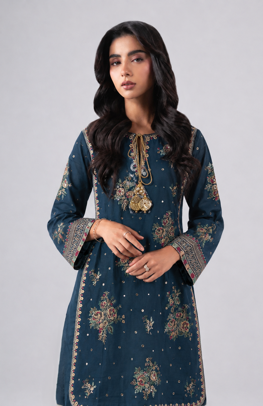 Teal Blue Embroidered 3PC Stitched Suit