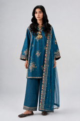Teal Blue Embroidered 3PC Stitched Suit