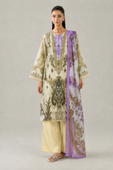 Cream Printed Lawn 3PC Stitched Suit