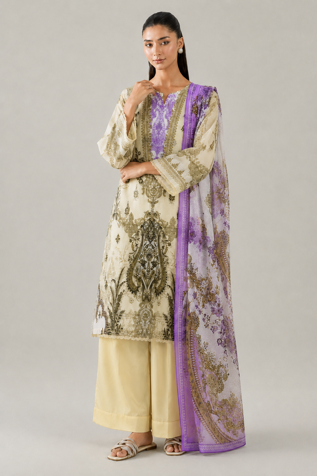 Cream Printed Lawn 3PC Stitched Suit