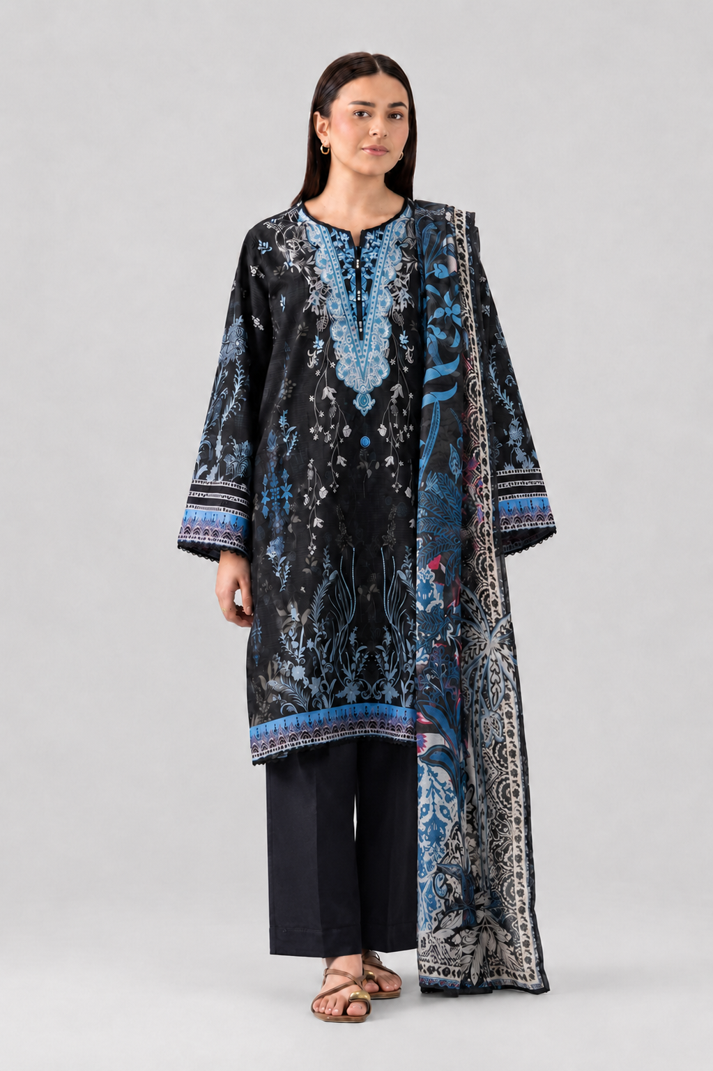 Black & Blue Printed Lawn 3PC Stitched Suit
