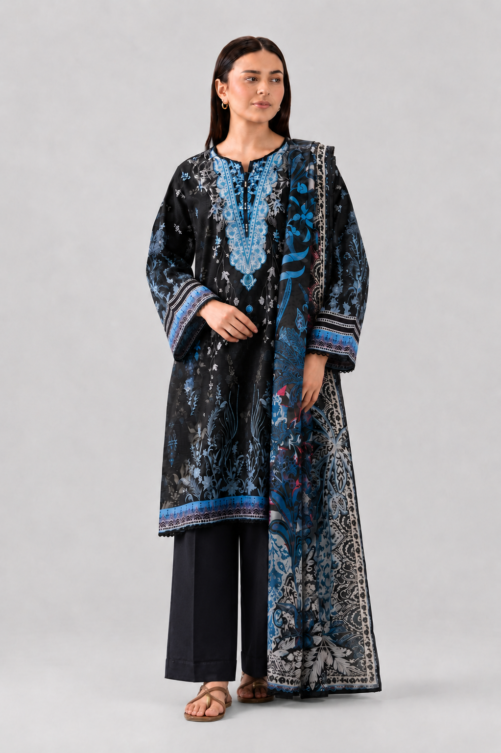Black & Blue Printed Lawn 3PC Stitched Suit