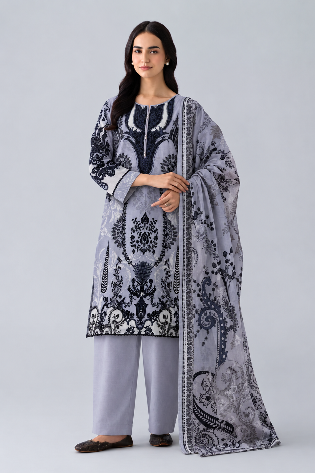 Grey Printed Lawn 3PC Stitched Suit