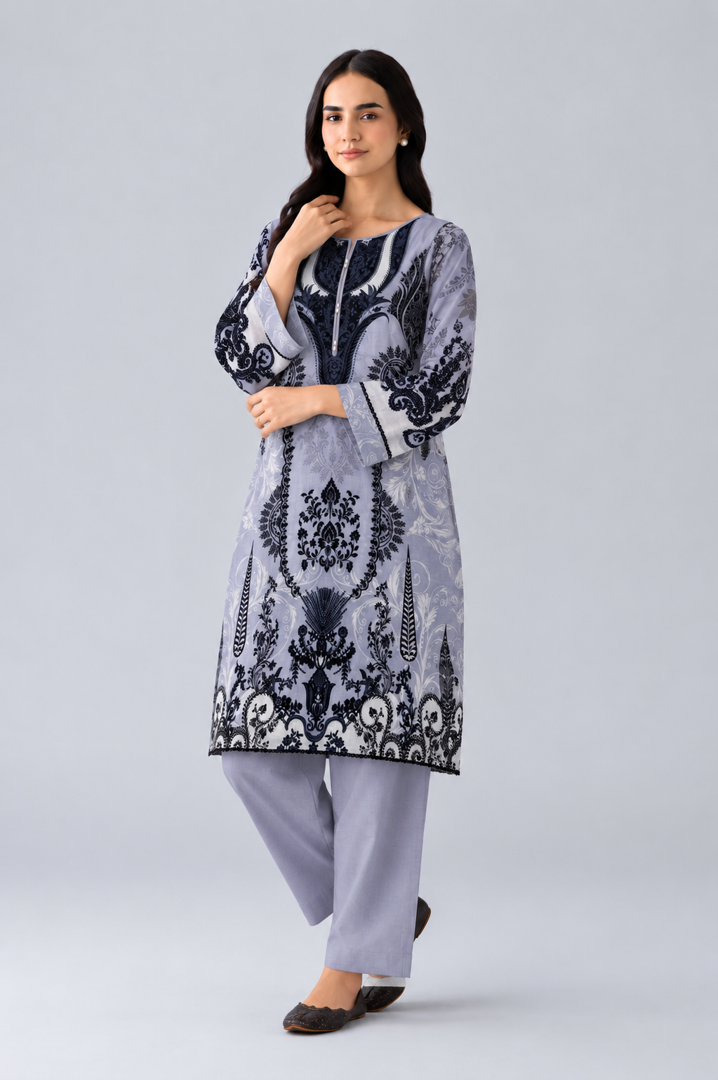 Grey Printed Lawn 3PC Stitched Suit