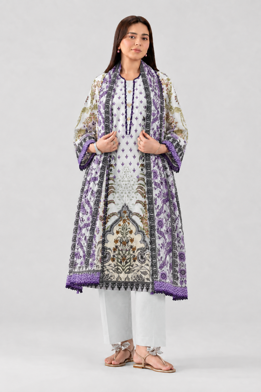 White & Purple Printed Lawn 3PC Stitched Suit