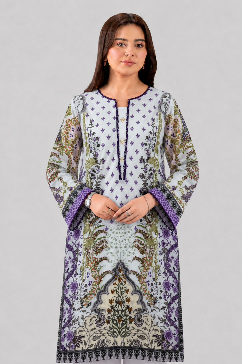 White & Purple Printed Lawn 3PC Stitched Suit
