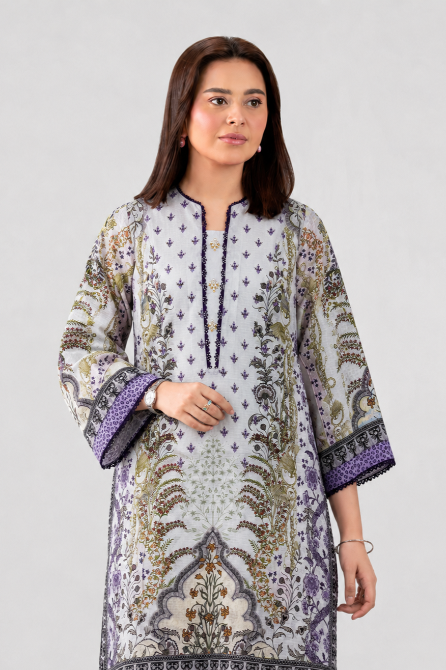 White & Purple Printed Lawn 3PC Stitched Suit