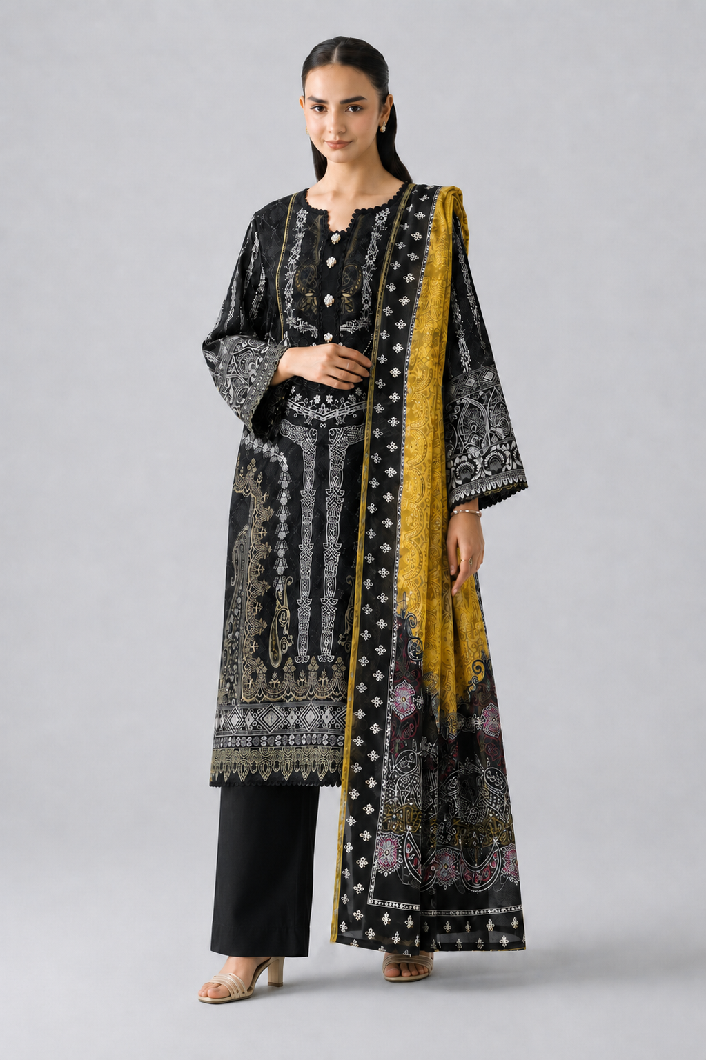 Black & Mustard Printed Lawn 3PC Stitched Suit
