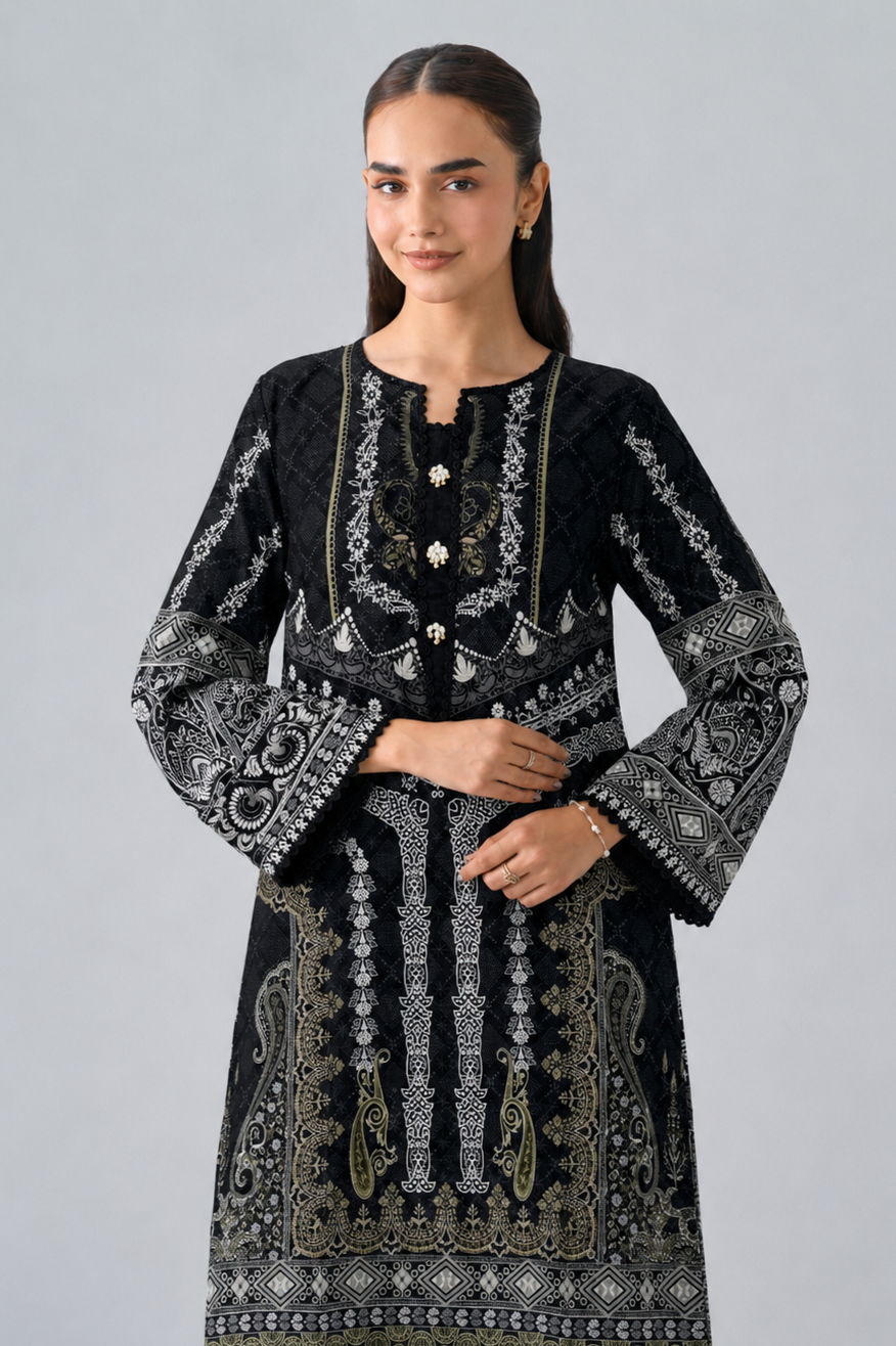 Black & Mustard Printed Lawn 3PC Stitched Suit