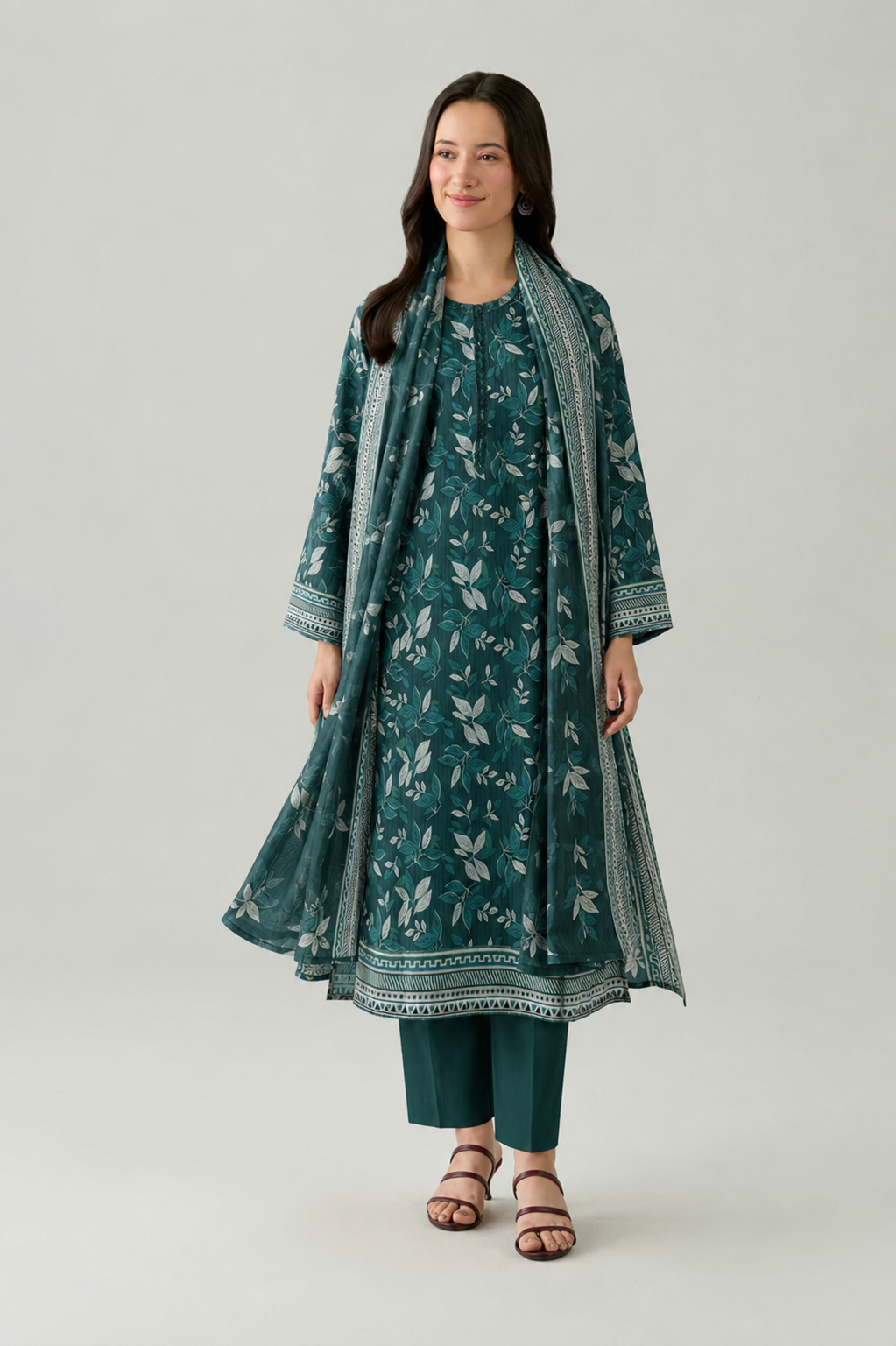 Teal Green Printed Lawn 3PC Stitched Suit
